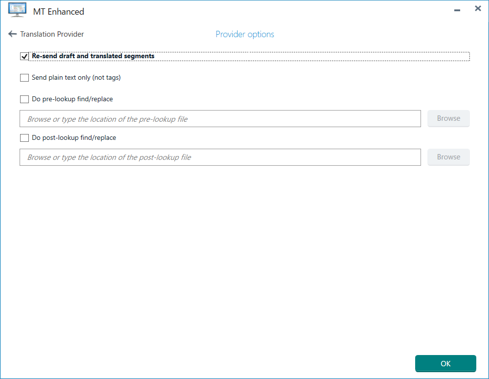 Trados Studio settings window showing 'MT Enhanced' translation provider with 'Re-send draft and translated segments' option checked.
