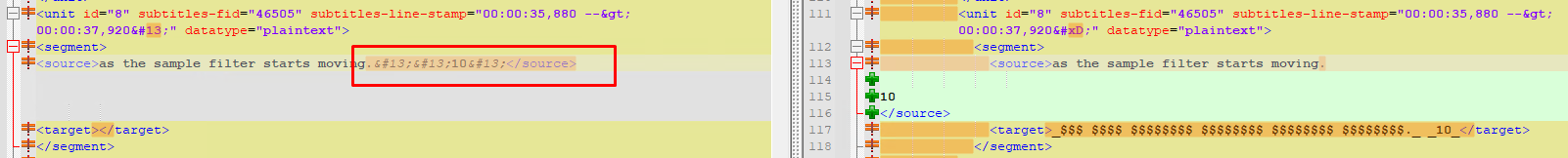 Screenshot of Trados Studio showing a comparison of source and target text. The source text is highlighted with a red box indicating an error in the segment.