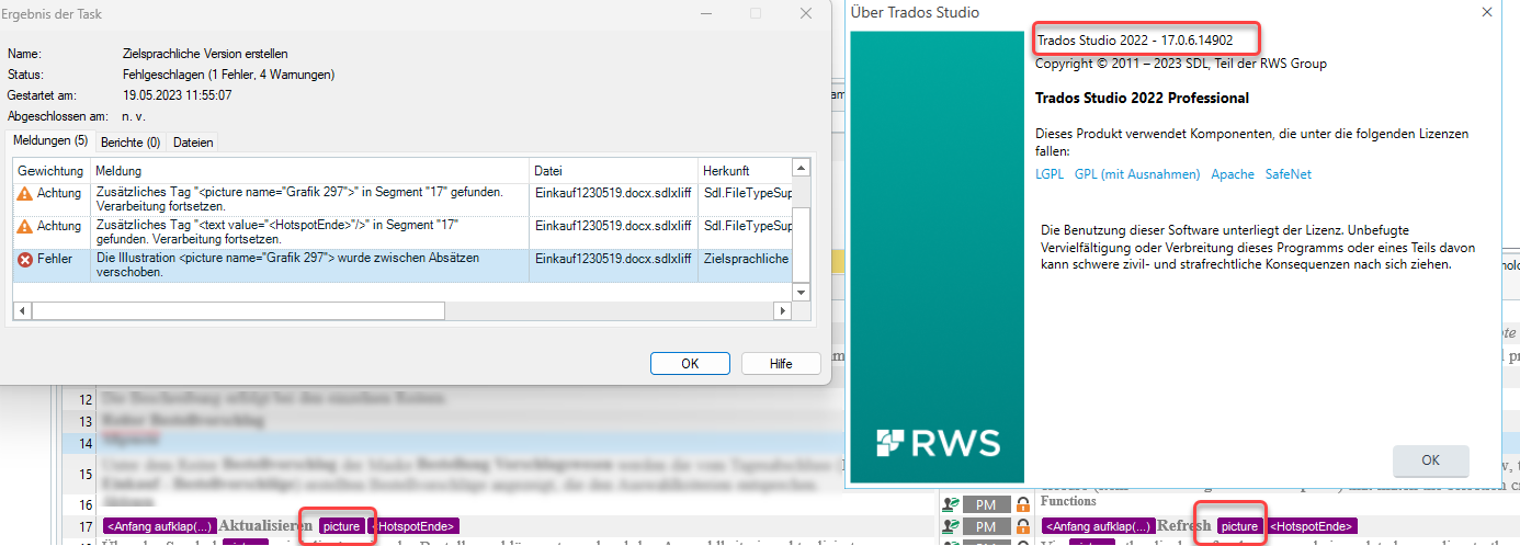 Error message in Trados Studio task results showing 'Failed (1 Error, 4 Warnings)' for creating a target language version.