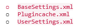 List of three XML files named BaseSettings.xml, PluginCache.xml, and UserSettings.xml with unchecked circles next to each.