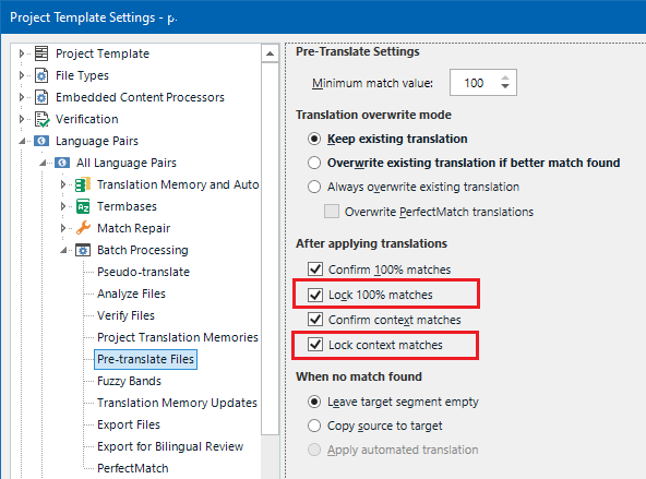 Trados Studio Project Template Settings window showing Language Pairs expanded with All Language Pairs selected. Batch Processing options visible with Pre-translate Files highlighted. On the right, Pre-Translate Settings with Lock 100% matches and Lock context matches both checked.