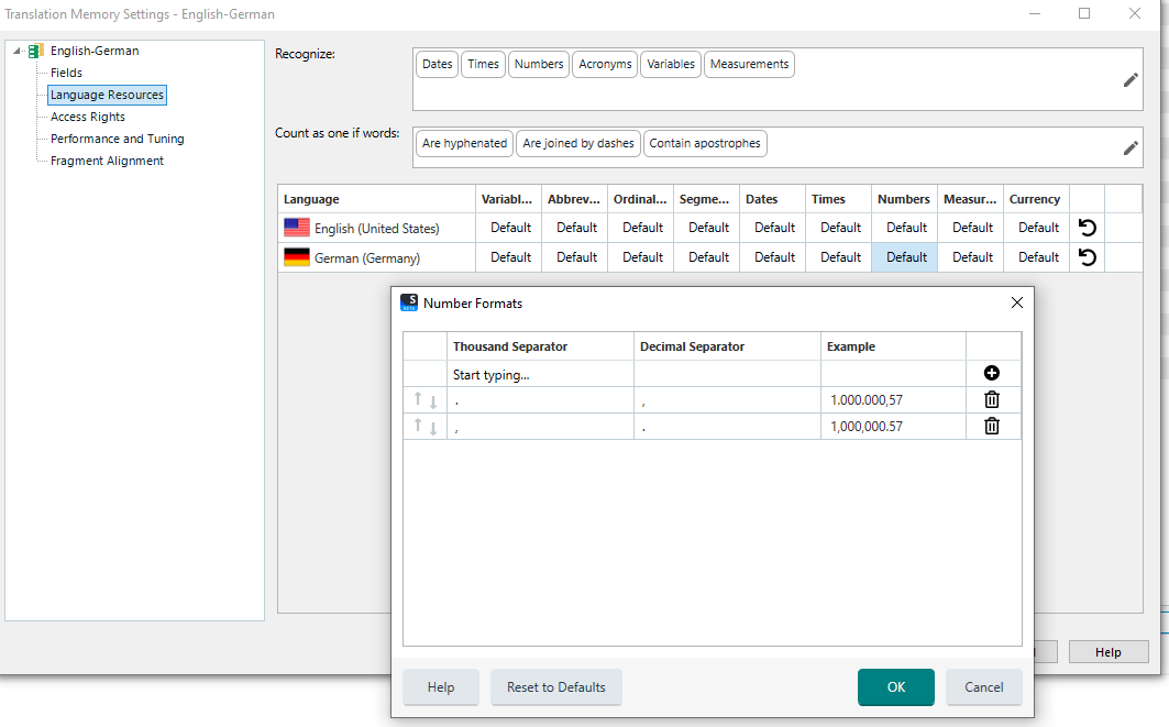 Screenshot of Trados Studio Translation Memory Settings for English-German, showing options for number formats with thousand separator and decimal separator fields.