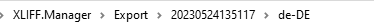 Screenshot of Trados Studio XLIFF Manager with an Export operation timestamped at 20230524135117, showing an empty de-DE directory.