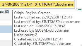 Trados Studio screenshot showing Translation Unit details with origin English-German, created and last modified on 27082008 by STUTTGARTdbrockmann, last used on 13052020.