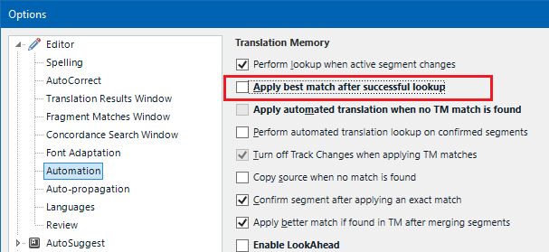 Trados Studio Options menu with Editor settings open, showing Translation Memory options. 'Apply best match after successful lookup' is highlighted with a red box and is unchecked.