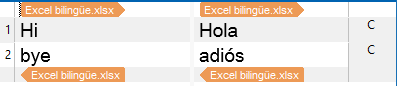 Preview of Bilingual Excel file in Trados Studio with columns A and B correctly displaying 'Hi' with 'Hola' and 'bye' with 'adi s'. Column C is empty.