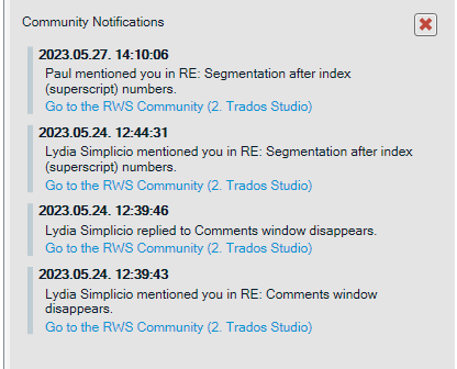 Trados Studio Community Notifications window showing multiple notifications with timestamps, mentioning Paul and Lydia Simplicio in discussions about segmentation and comments window issues.