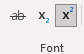 Screenshot showing a section of a toolbar with a Superscript button highlighted, indicating a number 2 formatted as superscript next to the letter x.
