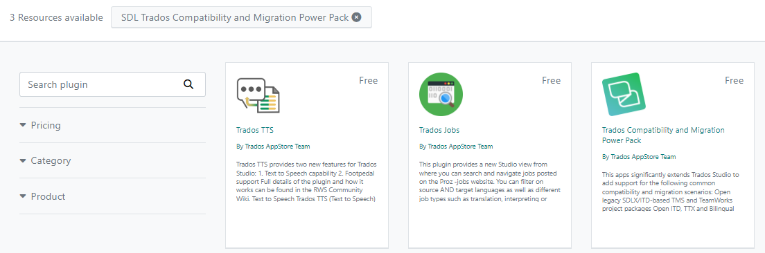 Screenshot showing 3 resources available in SDL Trados Compatibility and Migration Power Pack section, with a search plugin bar and filters for pricing, category, and product.