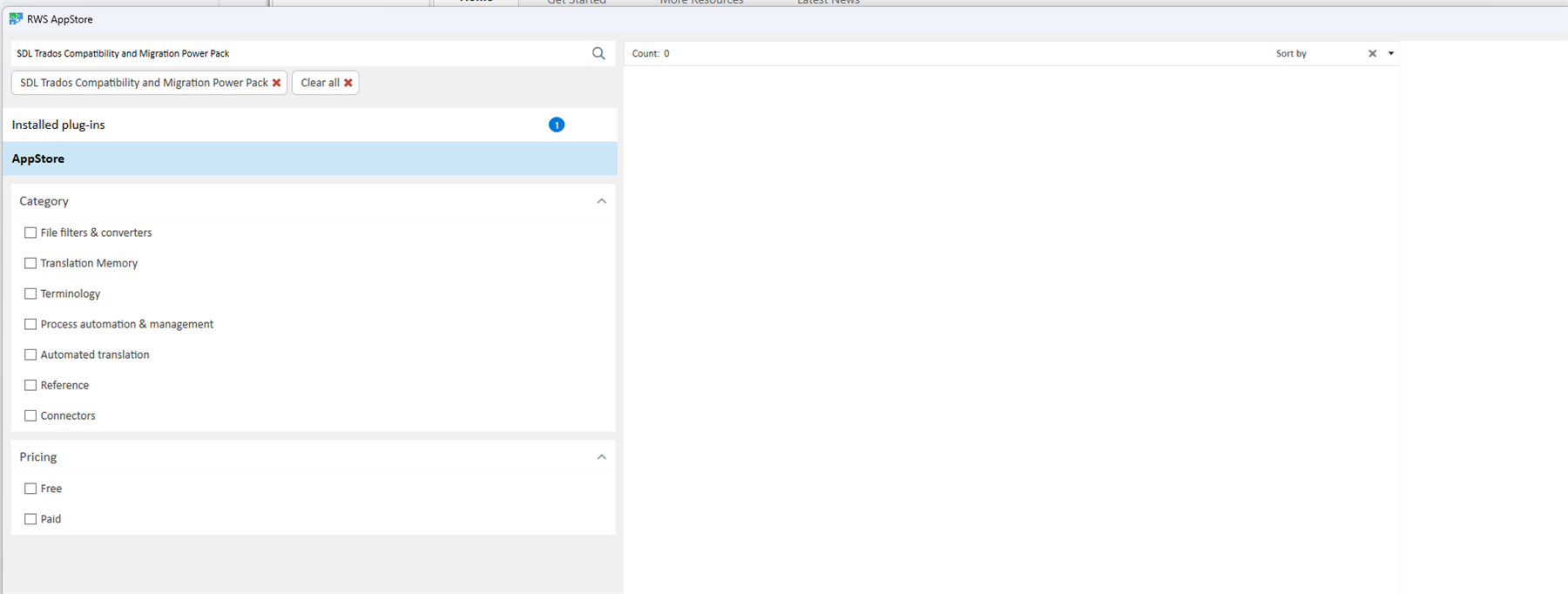 Screenshot of Trados Studio AppStore tab with no plugins displayed and a 'Count: 0' indicating no search results found.