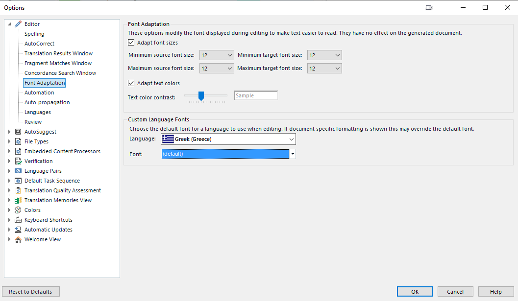 Trados Studio options menu showing Font Adaptation settings with minimum and maximum font size set to 12, adapt text colors checked, and custom language fonts set to Greek (Greece) with default font.