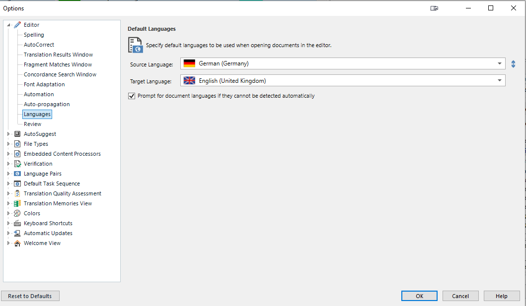 Trados Studio options menu showing Default Languages settings with Source Language set to German (Germany) and Target Language set to English (United Kingdom), and a checked option to prompt for document languages.
