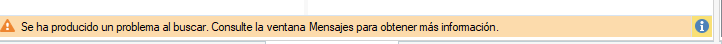 Trados Studio notification bar displaying a message about a problem during search and advising to consult the message window for more information.