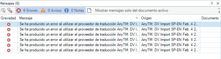 Trados Studio message window showing 6 errors related to the translation provider AnyTM DV Import SP-EN Feb. 4 2.
