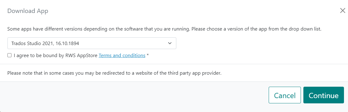 RWS App Store download app dialog box with Trados Studio 2021, version 16.10.1894 selected from a dropdown menu. Checkbox for agreeing to terms and conditions is unchecked.