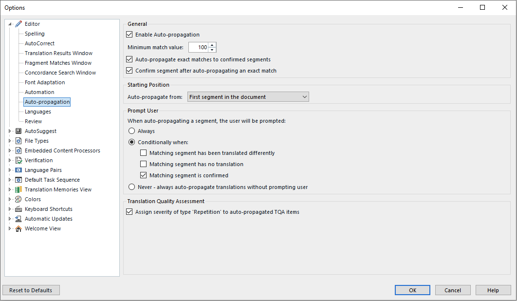 Trados Studio Options dialog box showing Editor settings with Auto-propagation section. 'Enable Auto-propagation' is checked, 'Minimum match value' set to 100, and 'Auto-propagate from' set to 'First segment in the document'.