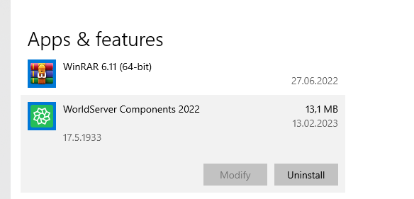 Screenshot showing 'Apps & features' window with 'WorldServer Components 2022' version 17.5.1933 installed on 13.02.2023, alongside 'Modify' and 'Uninstall' buttons.