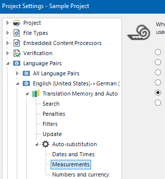Trados Studio Project Settings window showing options for a Sample Project, with Language Pairs expanded to display English (United States) to German (Germany) settings.