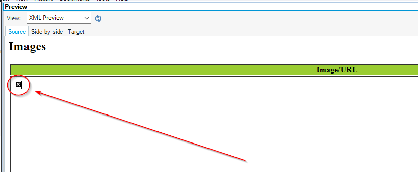 Trados Studio XML preview pane showing an error icon next to the 'Images' header, indicating a problem with displaying images in the previewer.