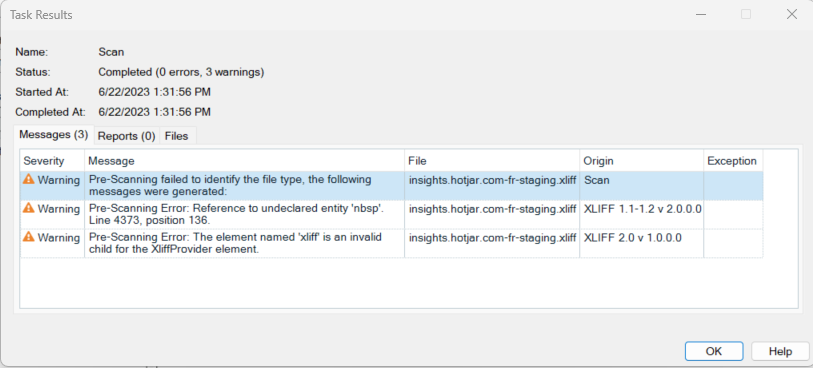 Trados Studio Task Results window showing 3 warnings. First, 'Pre-Scanning failed to identify the file type.' Second, 'Reference to undeclared entity nbsp.' Third, 'The element named xliff is an invalid child for the XliffProvider element.'