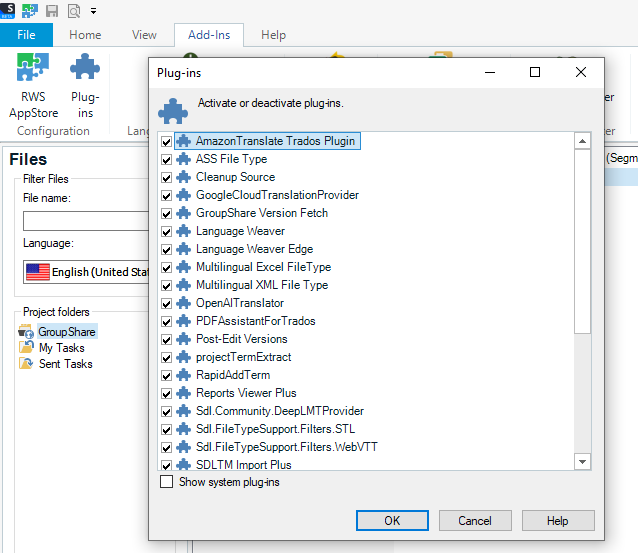 Trados Studio plugin activation window showing a list of plugins with checkboxes, including AmazonTranslate Trados Plugin, GoogleCloudTranslationProvider, and Language Weaver.