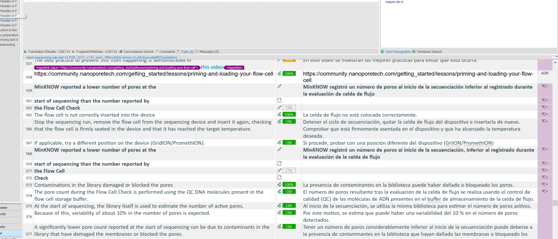 Screenshot of Trados Studio Editor with 'Full tag text' option selected, showing a segment of text with a hyperlink and a message about MinKNOW reporting a lower number of pores.