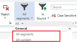 Trados Studio Review tab showing options for 'All segments' and 'All content' under the General section, with 'All content' highlighted in red.