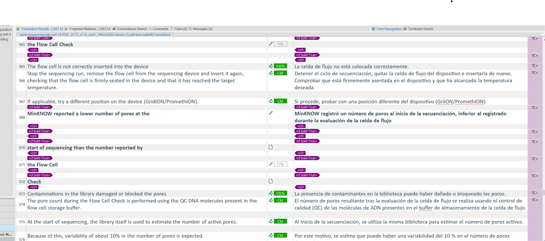 Screenshot of Trados Studio showing segments with formatting tags like 'cf bold=True'. The left side is in English and the right side is in Spanish with 100% match. No visible errors or warnings.