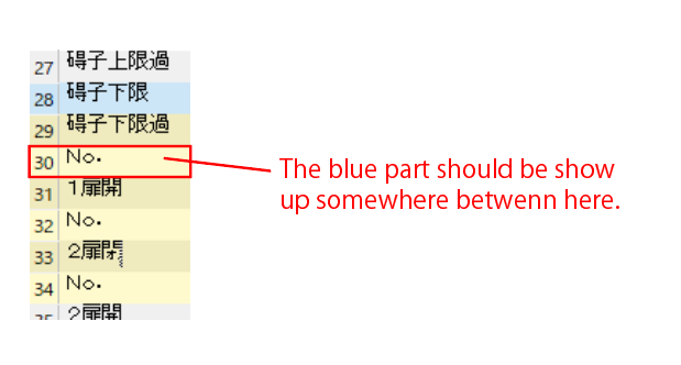 Screenshot of Trados Studio with an annotation pointing to a missing translation segment, indicating the blue part should show up between lines 30 and 31.
