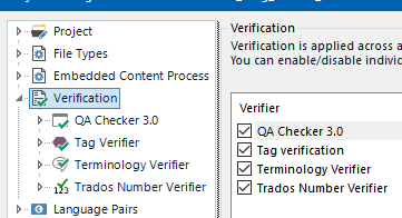 Trados Studio screenshot showing the Verification menu with options QA Checker 3.0, Tag Verifier, Terminology Verifier, and Trados Number Verifier checked.