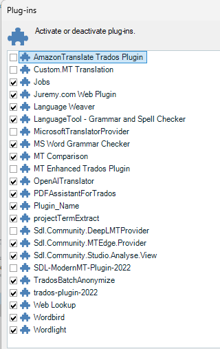 Screenshot of Trados Studio plugins list with various plugins like AmazonTranslate Trados Plugin, Custom.MT Translation, and LanguageTool activated, while others like Intento MT Provider are missing.