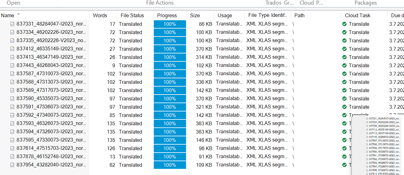 Screenshot of Trados Studio showing a list of files with their names, word count, file status as 'Translated', progress at 100%, size in KB, usage, file type as 'XML XLAS segment', path, and a 'Translate' cloud task with due dates all on March 7, 2020.