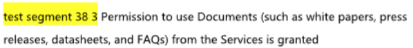 Highlighted phrase 'test segment 38 3' in yellow at the beginning of a sentence within a paragraph.
