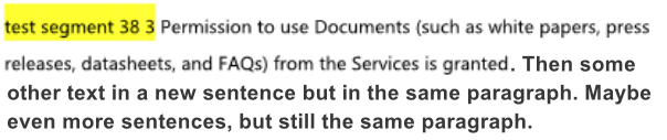 Highlighted phrase 'test segment 38 3' in yellow at the start of a paragraph followed by unhighlighted text.