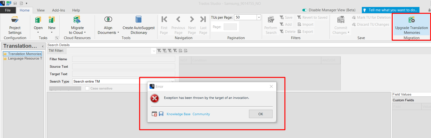 Trados Studio software interface with an error message window reading 'Exception has been thrown by the target of an invocation.'