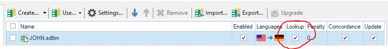 Trados Studio TM settings window showing JOHN.sdltm with enabled checkbox ticked, language pair flags displayed, and lookup, concordance, and update options enabled.