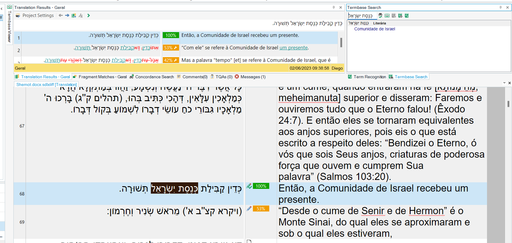 Trados Studio screenshot with the Termbase Search window open, displaying the recognized term for the copied expression from segment 68.