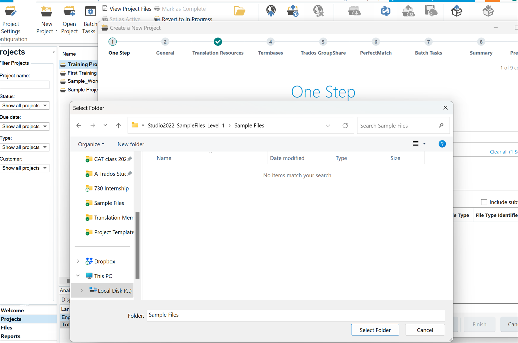 Trados Studio screenshot showing an open 'Create a New Project' window with 'Sample Files' folder selected, but no items displayed in the folder.