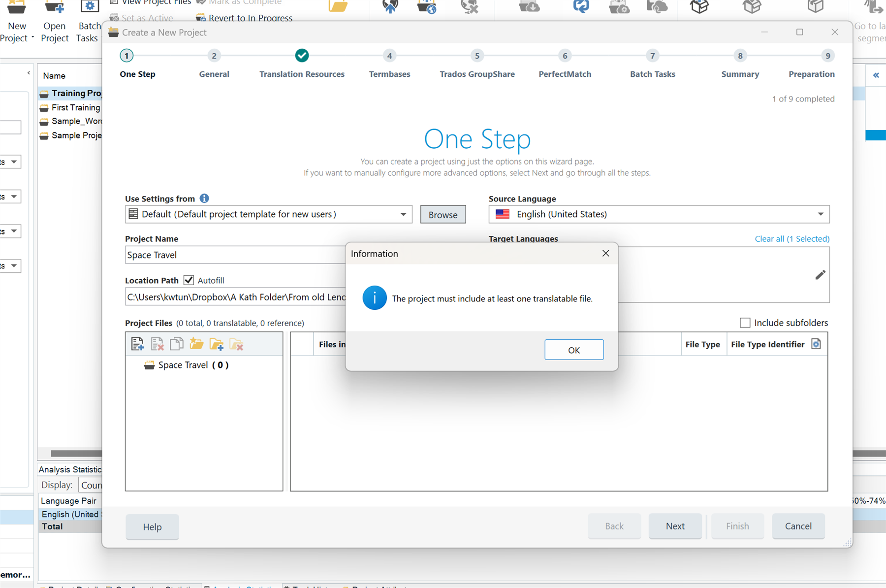 Trados Studio error message stating 'The project must include at least one translatable file.' with an 'OK' button.
