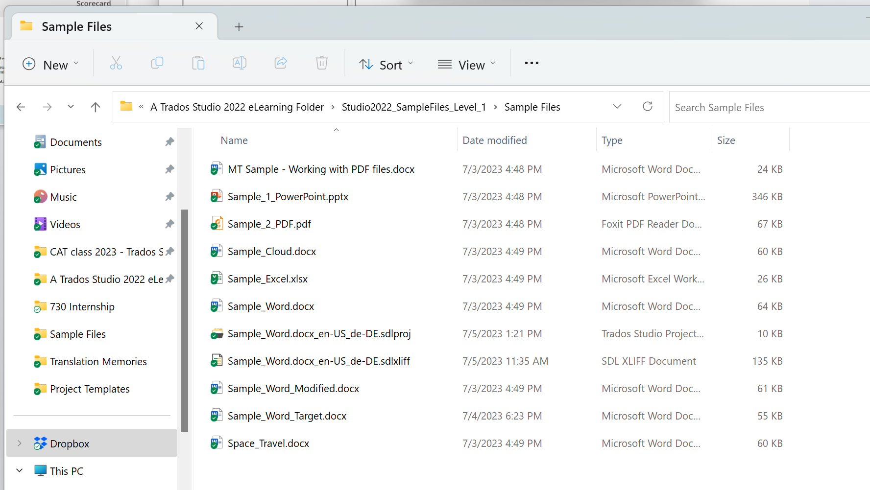 Screenshot of a Windows file explorer window showing a folder named 'Sample Files' with various Trados Studio 2022 eLearning files, including Word documents, PowerPoint presentations, and PDFs.