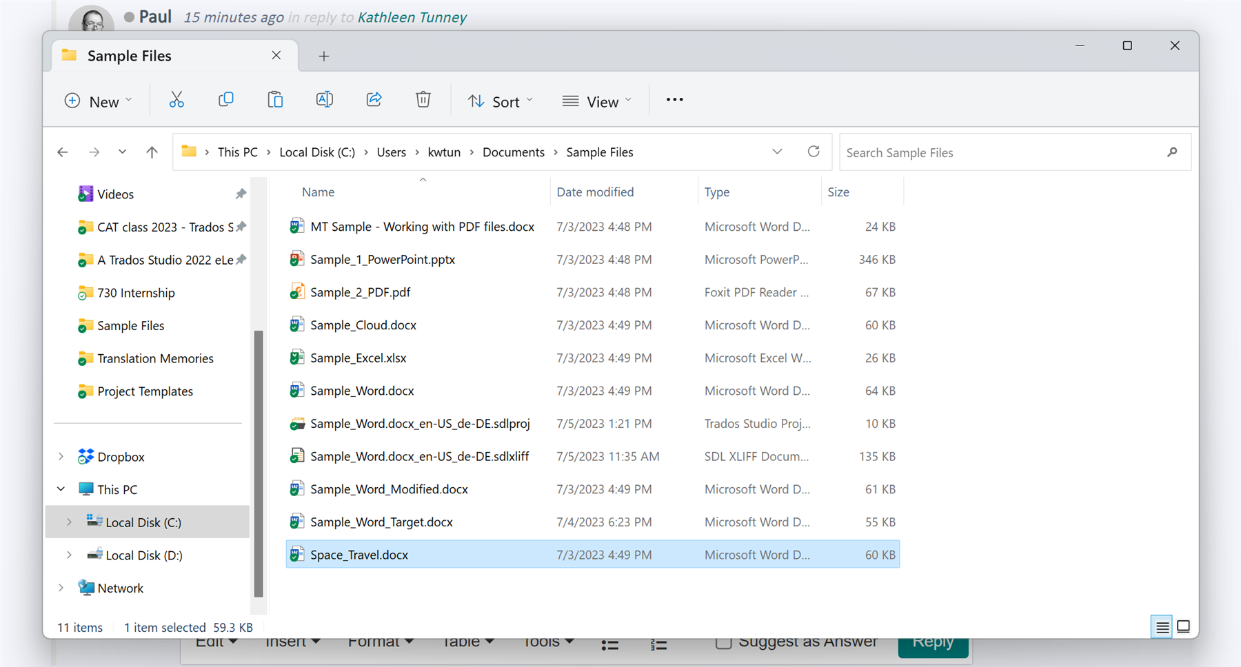 Windows Explorer window showing contents of 'Sample Files' folder with various file types including Microsoft Word, PowerPoint, Excel, PDF, and Trados Studio Project files.