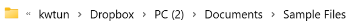 File path showing Dropbox synchronization: ktun > Dropbox > PC (2) > Documents > Sample Files.