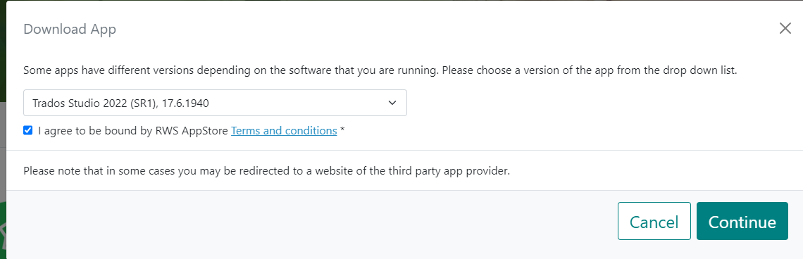Download App dialog box with a dropdown menu for selecting Trados Studio 2022 (SR1) version and a checked agreement box for RWS AppStore Terms and Conditions. Continue and Cancel buttons are visible.