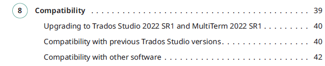 Table of contents from Trados Studio Release Notes PDF showing 'Compatibility' section with sub-sections on upgrading and compatibility with previous versions and other software.