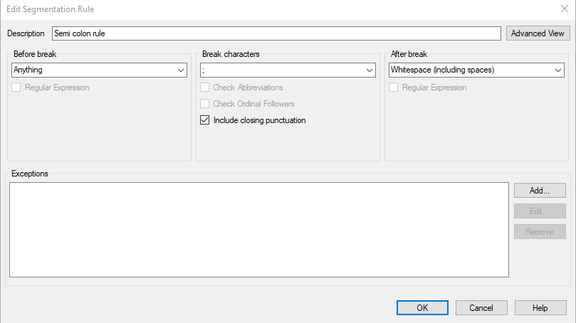 Trados Studio Edit Segmentation Rule dialog box showing 'Semi colon rule' with 'Before break' set to 'Anything', 'Break characters' set to a colon, and 'After break' set to 'Whitespace (including spaces)'. 'Include closing punctuation' is checked.