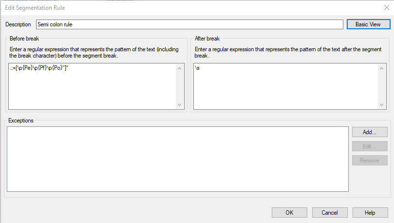 Trados Studio Edit Segmentation Rule dialog box in Advanced View with a regular expression entered for 'Before break' and 'After break' set to a whitespace character. The description 'Semi colon rule' is visible.