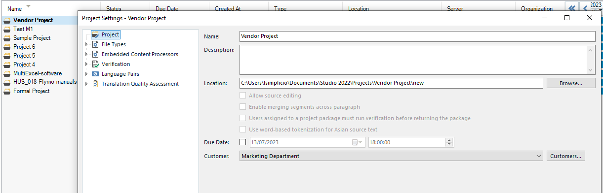 Trados Studio screenshot showing 'Project Settings' for 'Vendor Project' with options for file types, verification, and quality assessment. Location path and customer 'Marketing Department' are visible.