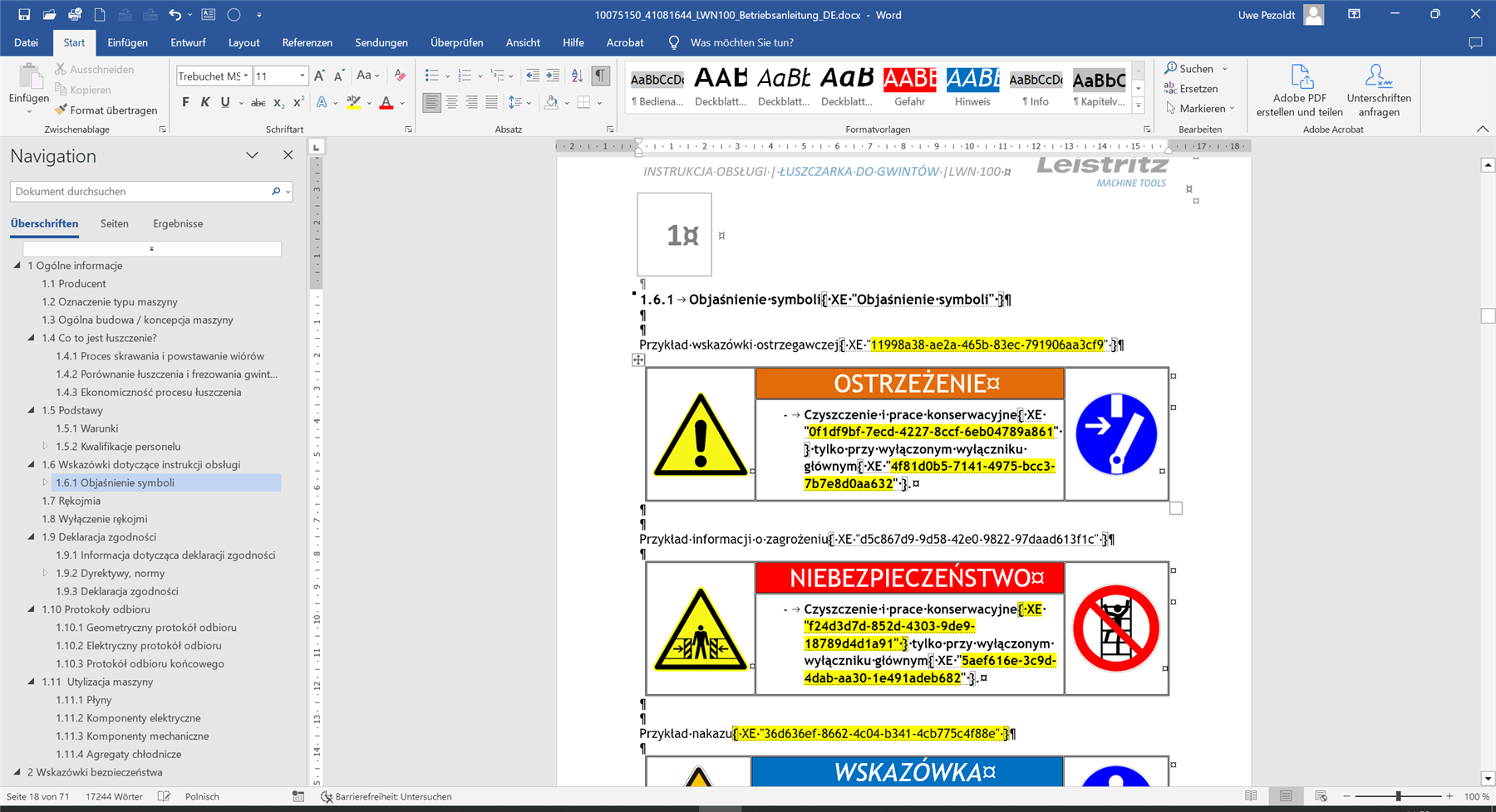 Screenshot of a Word document with Trados Studio error, showing XE tags instead of keywords in the exported file. Warning symbols with incorrect tag codes are visible.