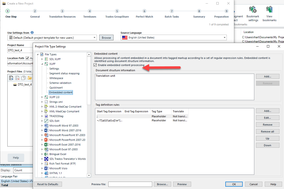 Trados Studio project settings window showing 'Embedded content' option enabled with a red underline indicating a change or selection.