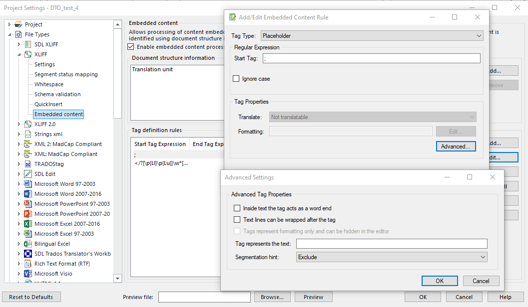 Trados Studio project settings window showing 'Embedded content' section with a dialog box for 'AddEdit Embedded Content Rule'. The 'Segmentation hint' is set to 'Exclude'.